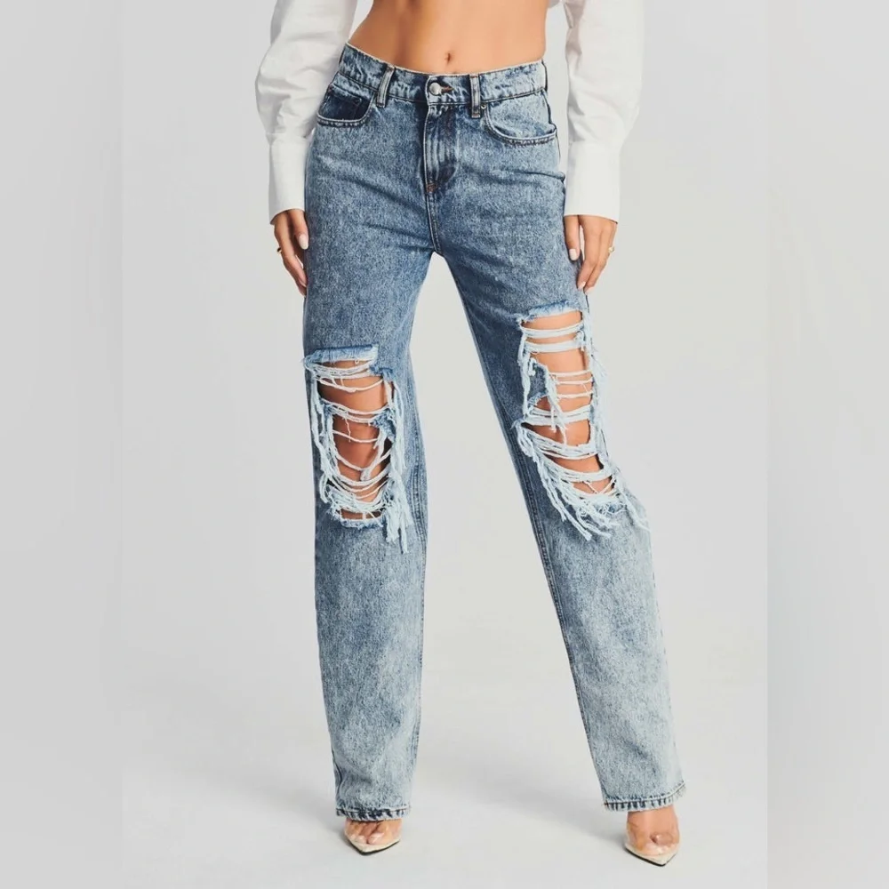 Retrofete Chris Ripped Straight Leg Mid Rise Jeans